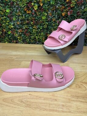 Coach Pink Double-Strap Slide Sandals with Gold Hardware